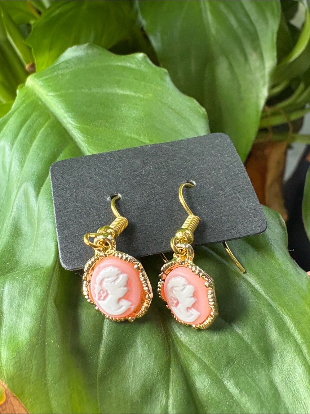 Gold-Tone Pink Cameo Drop Earrings - Unbranded